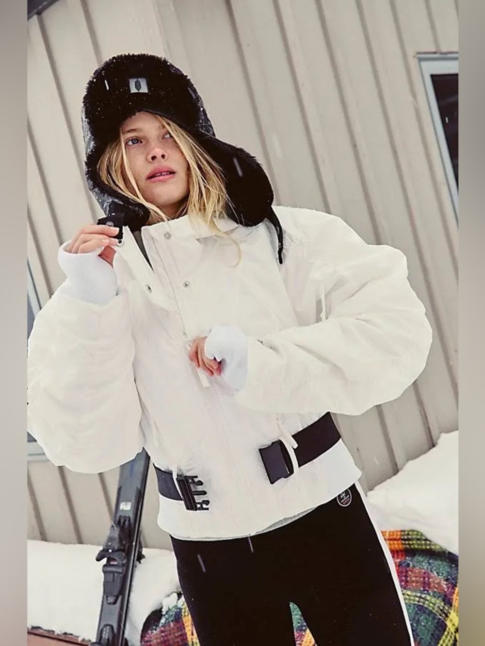 FP Movement Powder Vixen White Cropped Ski Puffer Jacket with Black Belt